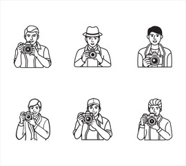 Diverse Group of Photographers with Cameras Illustration in Black and White Outline Style Professional Portrait Photography Concept