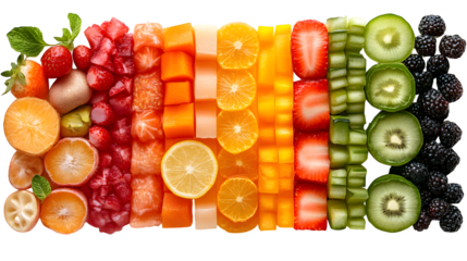 Collage of fresh fruits and vegetables in the form of vertical stripes on white background isolated on white background