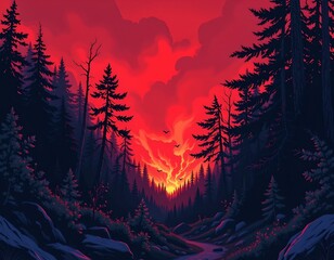 Nighttime Forest Blaze with Dramatic Red Sky