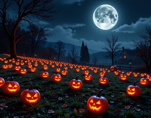 Halloween Night Scene with Jackolanterns and Moonlight
