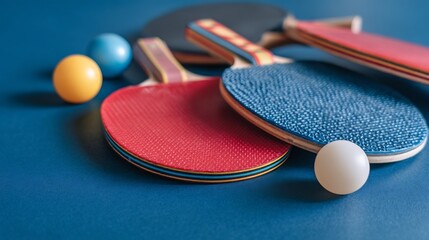 Table tennis equipment close-up on a blue background provides a vibrant and dynamic shot