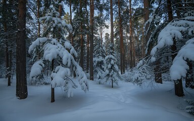 Fototapeta premium Snow- Covered Pine Forest with Tracks in the Snow and Sunlight Filtering Through Trees winter