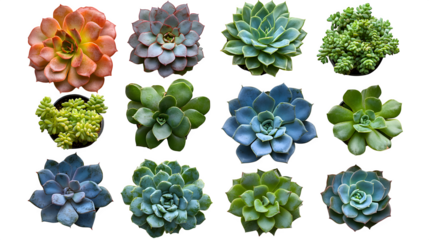 Collage with different succulents on white background