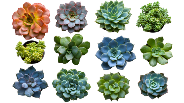 Collage with different succulents on white background