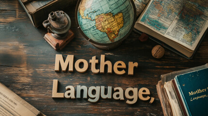 Mother Language Blocks on Wooden Table with Globe and Textbooks