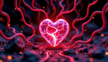 Futuristic Glowing Heart Dark Network Environment