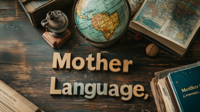 Mother Language Blocks on Wooden Table with Globe and Textbooks