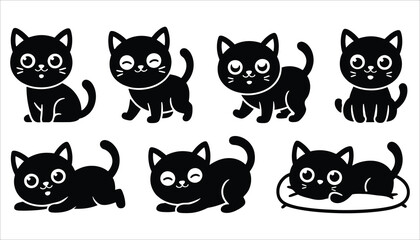 Cute Black Cat Silhouette Vector Set in Various Poses