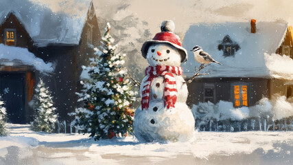 Charming Christmas snowman with red scarf and hat, standing in front of a cozy village house, snowy landscape perfect for holiday greeting cards, wallpapers, and festive decorations.