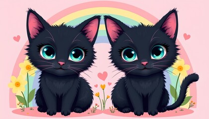 Playful Black Cats with Rainbow and Flowers