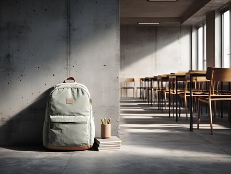 Backpack resting against a concrete wall near books and pencils in an empty classroom environment.