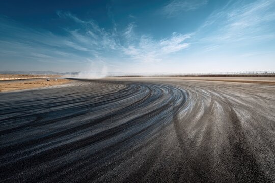 Wide shot of a race track with tire marks
