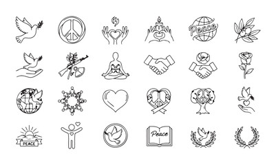 International Peace Day symbols – black outline icons on white background
