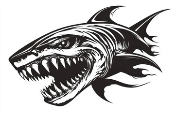 Aggressive Shark Head Design Black And White Illustration