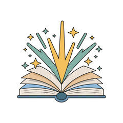 Open book with exploding pages and sparkling stars