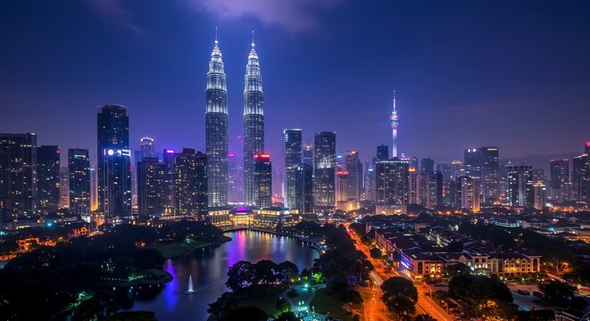 Kuala Lumpur Skyline with Petronas Towers at Night, Malaysia - Powered by Adobe