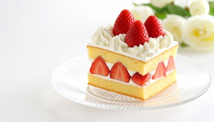 Delicate Strawberry Shortcake with Whipped Cream and Roses, Fresh and Delicious Square Strawberry Cake on a Decorative Glass Plate