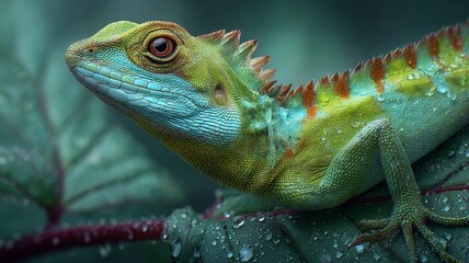 Fototapeta premium Detailed close up of a green chameleon with blue markings and water droplets on its skin