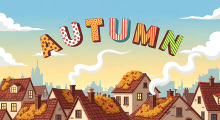 Naklejka premium Charming autumn village scene with colorful rooftops and lettering