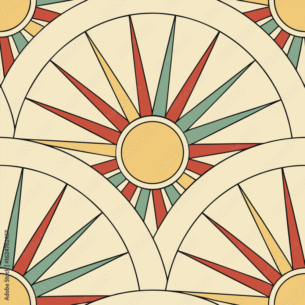 Aufkleber a vibrant and repeating geometric sunburst pattern with radiating lines and a bold central element p