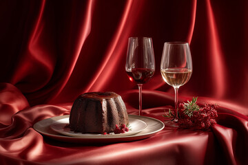 Christ man romantic dinner setting. Product photography of a chocolate lava cake and a glass of wine, set on a table with a red silk cloth background.