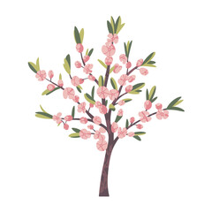 Delicate pink blossom tree illustration with green leaves