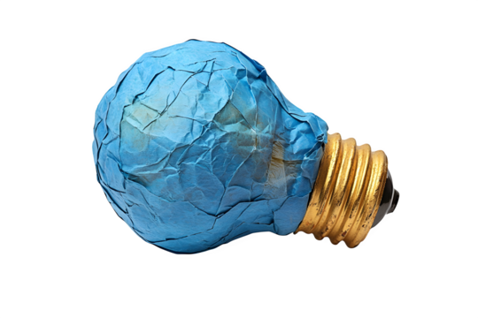 Crumpled paper light bulb metaphor for good idea isolated on white background