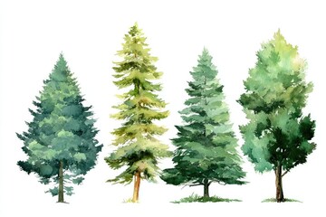 Watercolor illustration of four pine trees