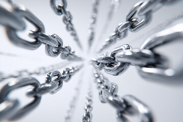 Powerful iron metal chains floating and expanding from the center outward in all directions, some very close to the camera with realistic bokeh, clean white background. Symbolising strength and securi
