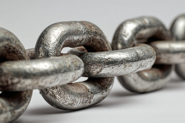 Fototapeta premium An ultra high resolution close-up of silver chains arranged in an intricate pattern, symbolizing the strength and intricacy found within blockchain networks. Silver iron roads in white background.
