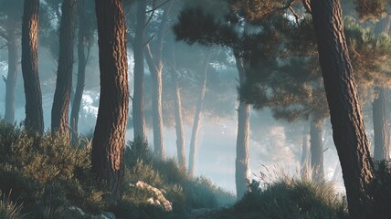 Sunlit pine forest path with dense trees and a misty atmospheric haze creating a tranquil natural scene