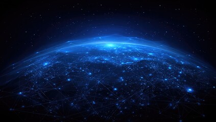 Obraz premium A glowing, detailed sphere, likely Earth, surrounded by a network of blue lines and points, suggesting global connectivity