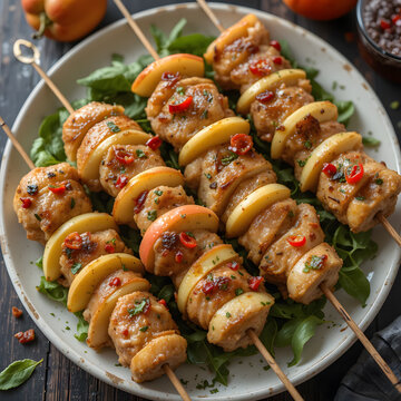 Chicken skewers with slices of apples and chili