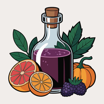 Natural autumn elixir in a corked bottle with fruits and vegetables