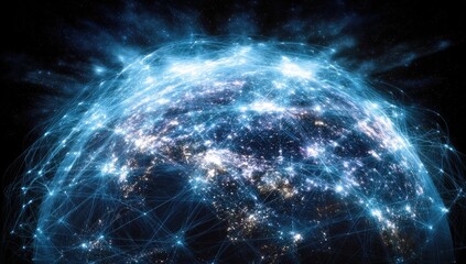 Earth, networked and glowing.  A composite image of the globe, with vibrant, light-blue networks radiating outward.  City lights dot the surface