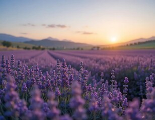 Obraz premium Purple lavender field at sunset with mountains in the background