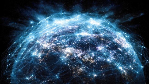 Earth, networked and glowing.  A composite image of the globe, with vibrant, light-blue networks radiating outward.  City lights dot the surface - Powered by Adobe