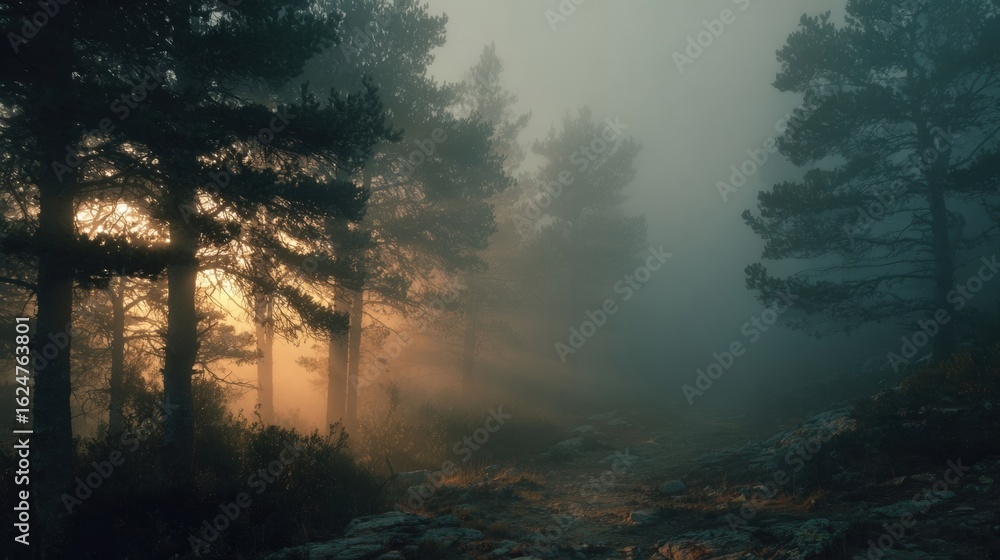 Poster misty forest path with sunlight filtering through pine trees