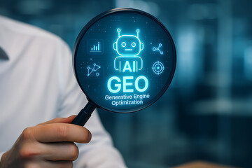 GEO &ndash; Generative Engine Optimization concept with businessmen using agentic AI and digital assistants to boost search engine rankings through artificial intelligence and internet data technology
