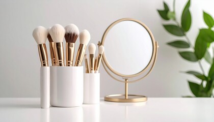 Elegant White Makeup Brush Holder with Reflective Mirror and Lush Green Plant for Beauty Organization