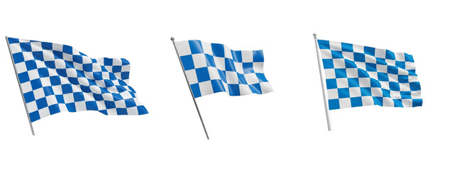 Obraz premium Three checkered flags signal the end of a race. The flags are blue and white, and are waving. 