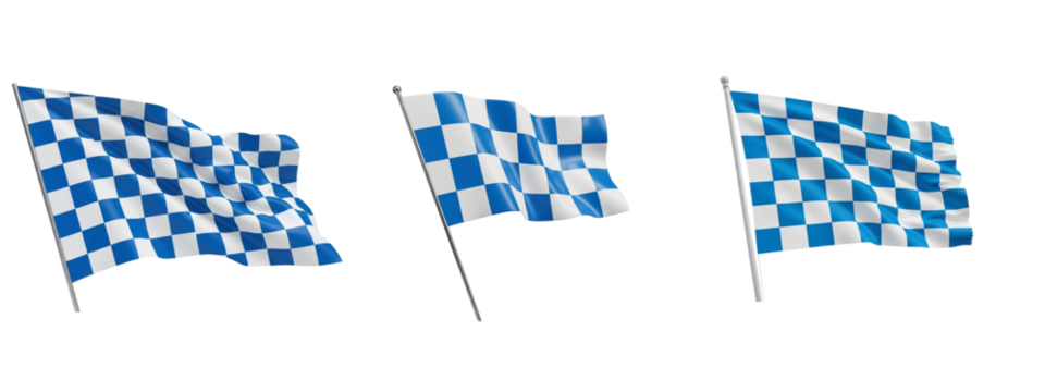 Three checkered flags signal the end of a race. The flags are blue and white, and are waving. 