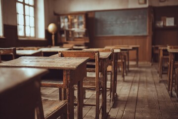 Empty old Classroom. Back to school concept in high school. Classroom Interior Vintage Wooden Lecture Wooden Chairs and Desks. Studying lessons in secondary education, generated image