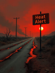 Scorching sunset on desert road with heat alert sign