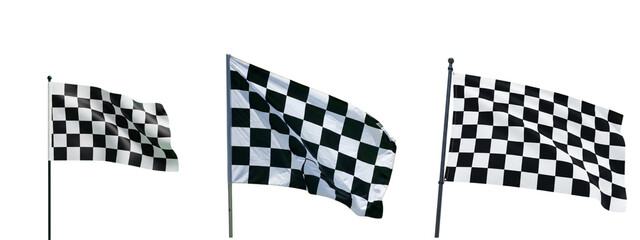 Three checkered flags signal the end of a race. The flags are black and white, and are waving. 