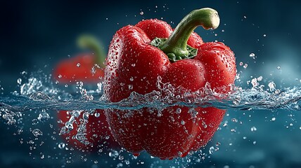 Red bell pepper submerged in water with splash effects and water droplets