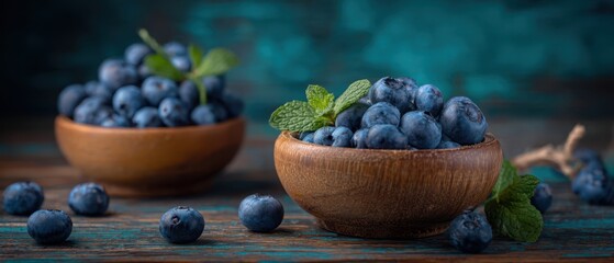 The beautiful arrangement of fresh blueberries in wooden bowls with mint leaves.