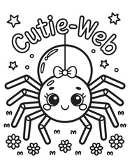 Cutie-Web Spider Coloring Page – Adorable Halloween Spider Hanging on Web with Sign – Kawaii Insect Art

