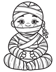 Little Mummy Boy Coloring Page – Cute Halloween Kid Wrapped in Bandages – Spooky Cartoon Costume

