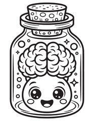 Brain in Jar Coloring Page – Cute Halloween Science Lab Illustration – Adorable Spooky Specimen

